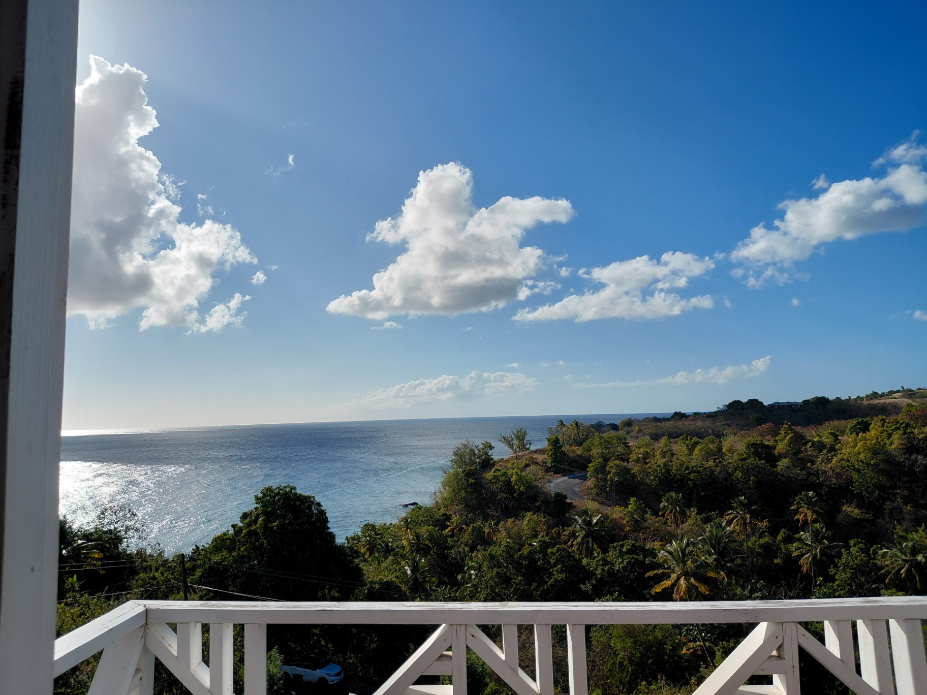 Daytime sea view from the villa balcony with white railings and tropical hillside below